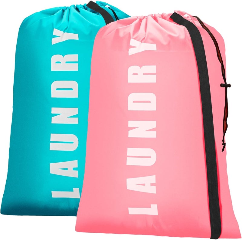 Isink Heavy Duty Laundry Bag with Strap,2 Pack Travel Laundry Bags for Dirty Clothes,24" x 36" Large Laundry Bag for Traveling,Camping,Dorm (Cyan + Pink) - Image 1